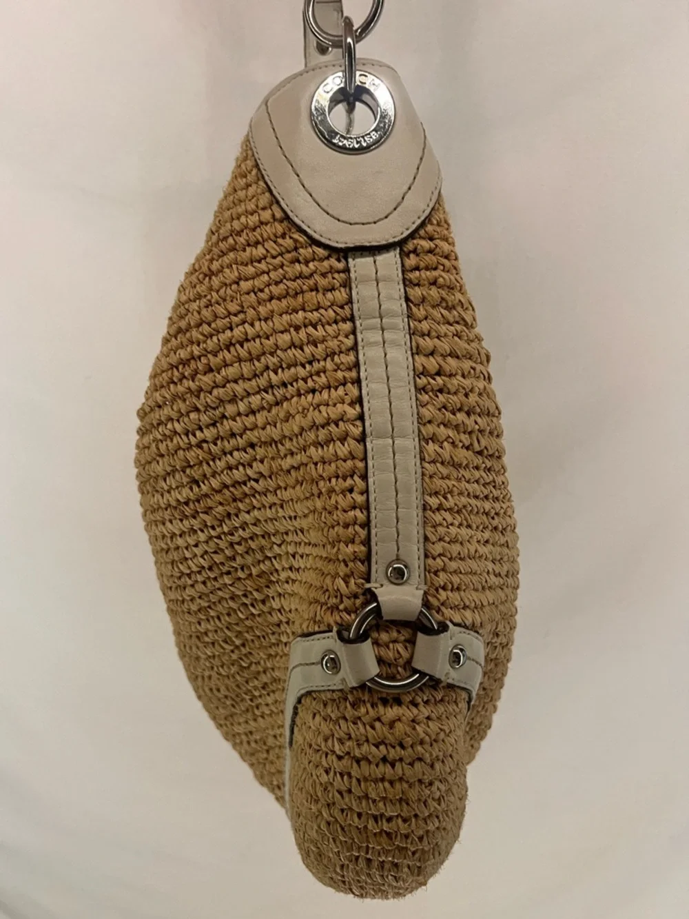 Vintage Y2K Coach Natural Straw White Leather Large Hobo Slouchy Shoulder Bag